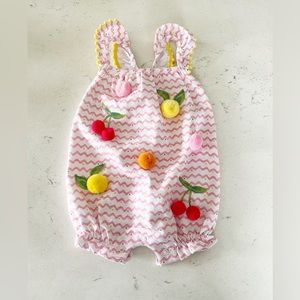 Mudpie Pale Pink and White Chevron Fruit Blossom Pom Poms Onesie 0-3 Months NWT